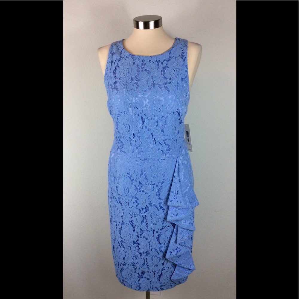 Eliza J sleeveless lace dress with side ruffle.